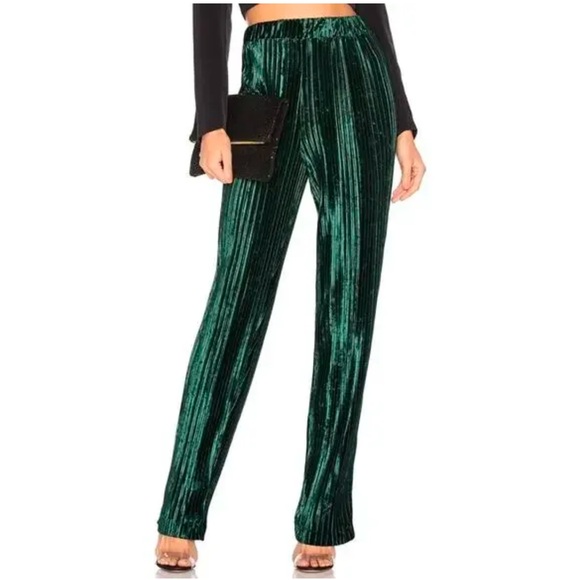 NBD Pants - NBD Alena jewel green velvet pleated high waisted wide leg pants